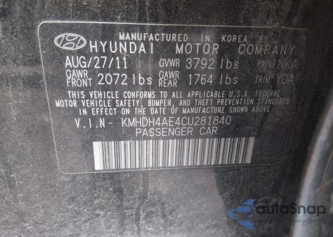 2012 Hyundai Elantra Gls (Ulsan Plant) from USA, damaged, VIN KMHDH4AE4CU281840